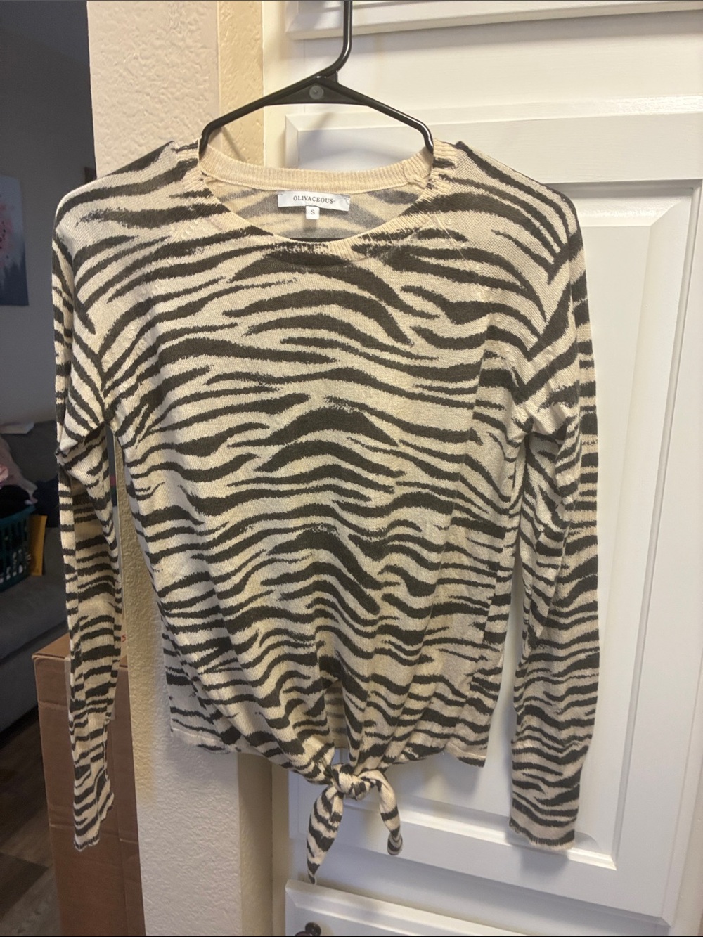 Olivaceous Beige and Brown zebra print lightweight sweater with front tie knot